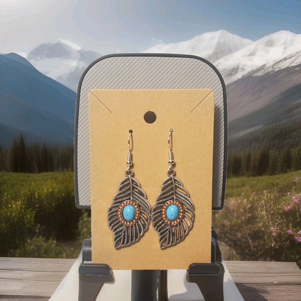 Handmade Silver Turquoise Leaf Dangle Silver Accent Earrings